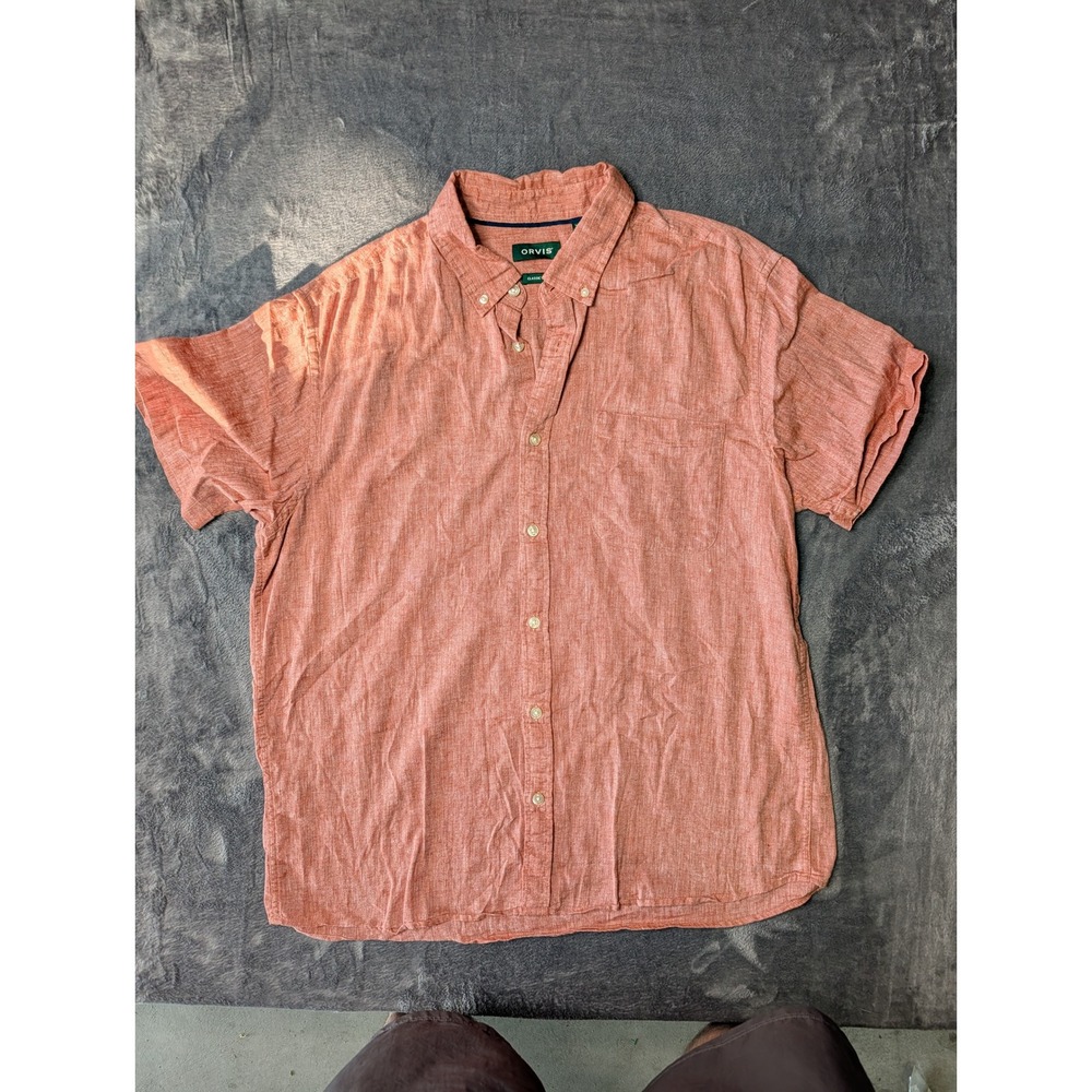 Orvis Mens XL Classic Fit Linen Blend Short Sleeve Button Down Shirt Orange